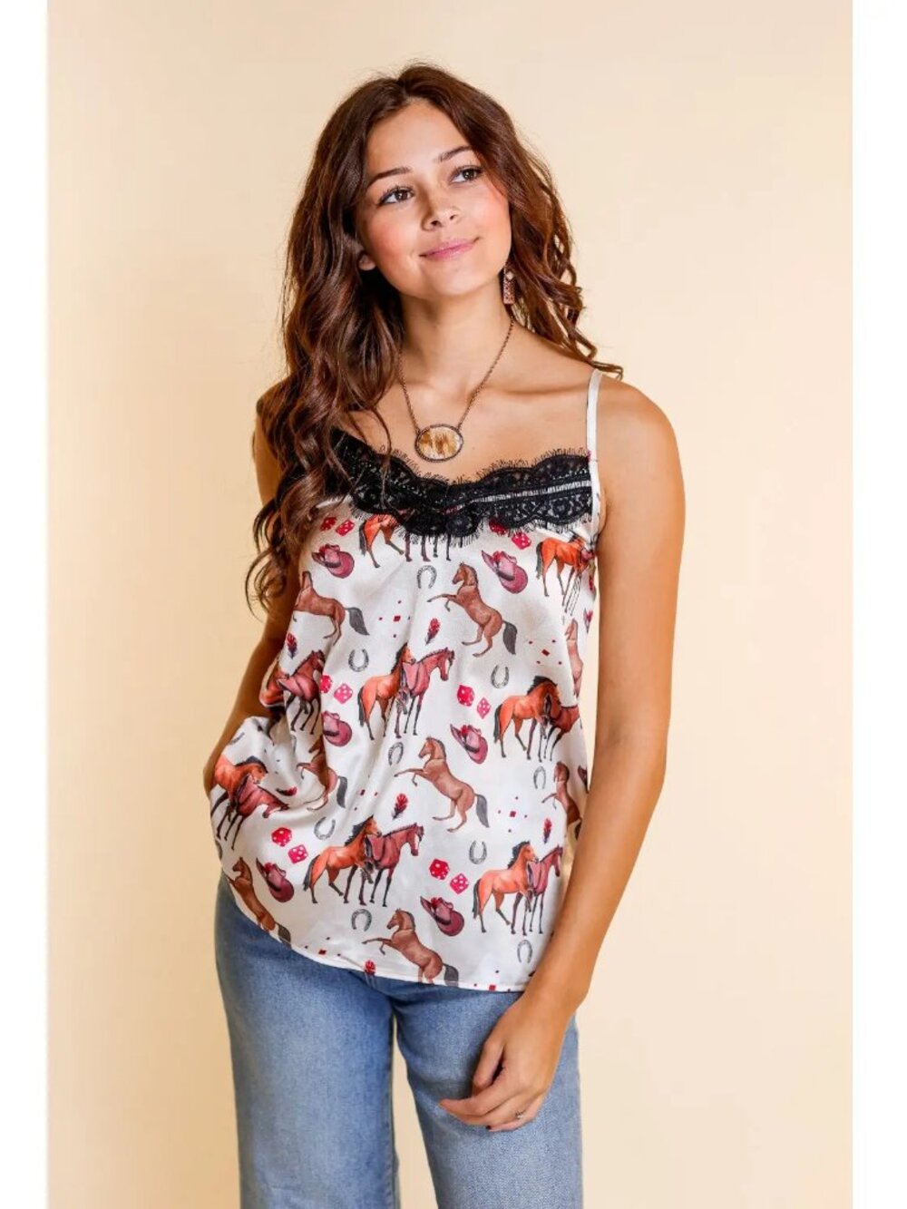 Plus Size White Horse Print Spaghetti Strap Lace Tank Top